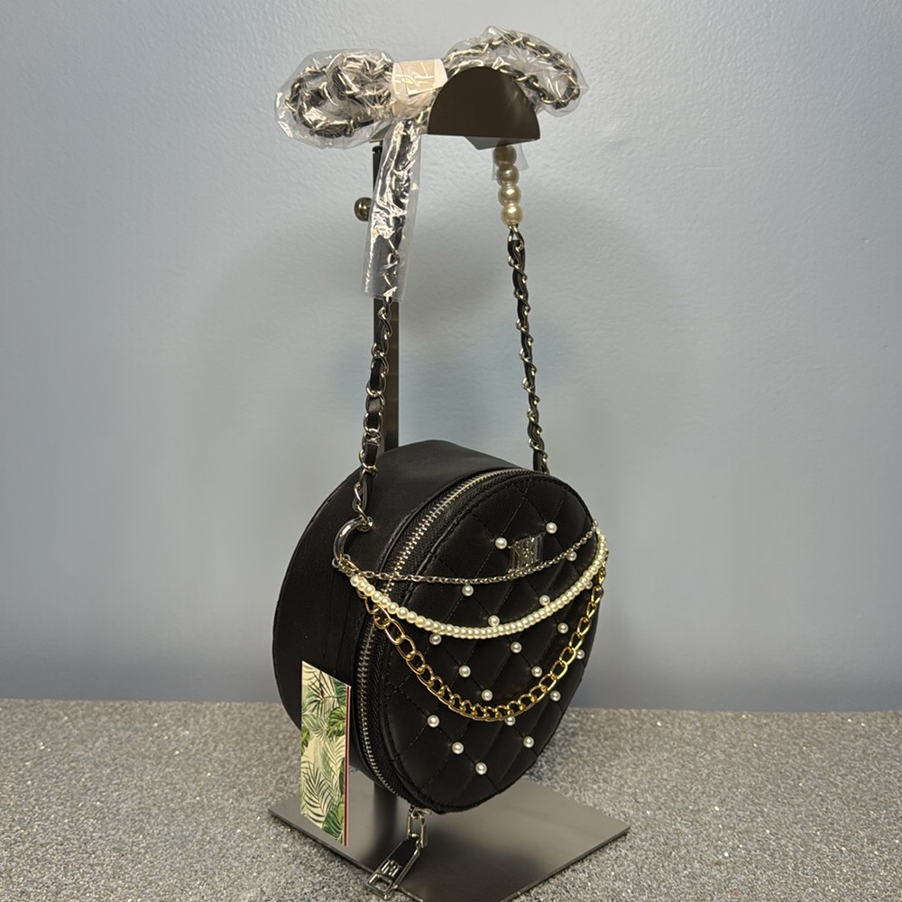 Badgley Mischka Black Quilted Mini Crossbody Bag with Gold and Silver Chains - Picture 3 of 9